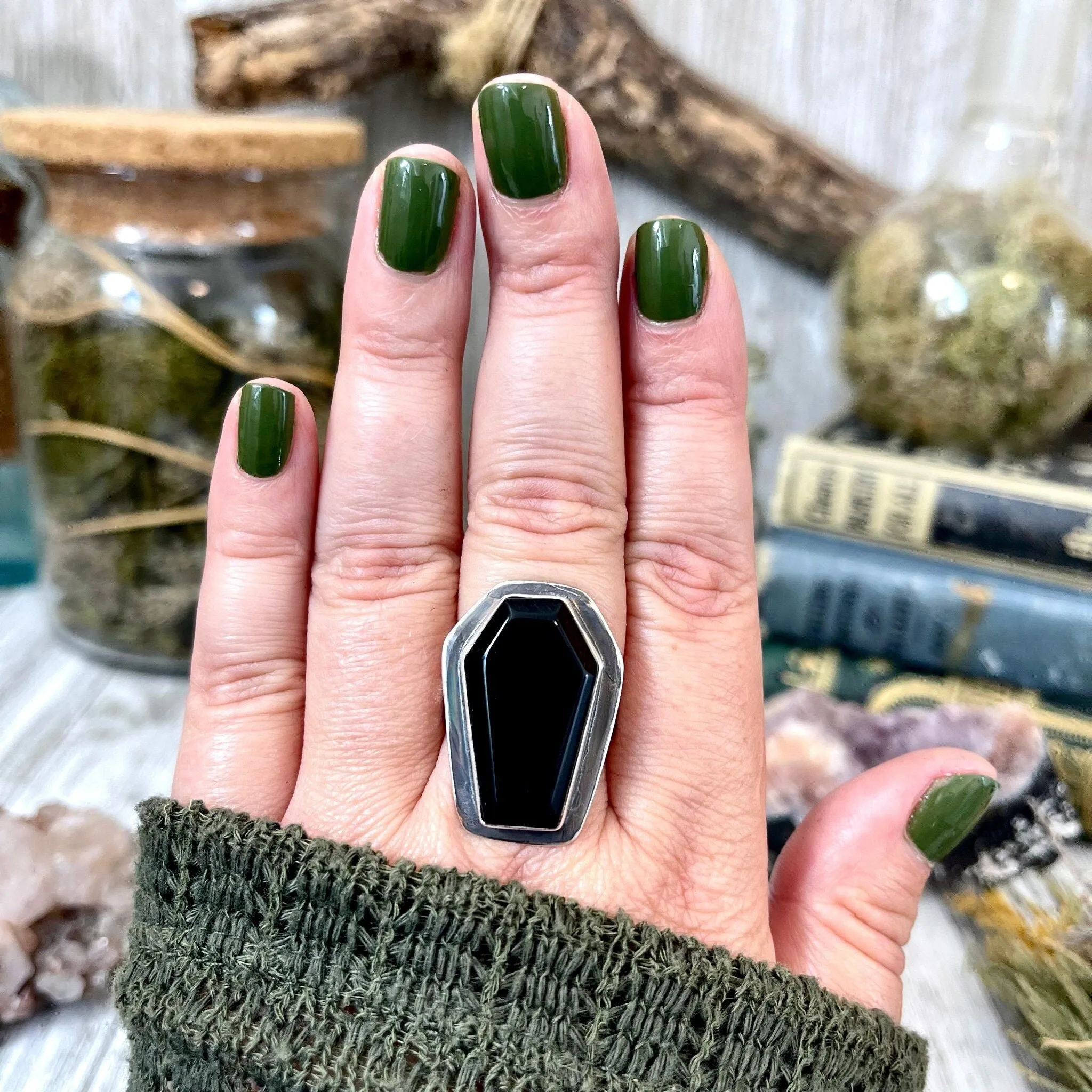 Black Onyx Coffin Ring in Solid Sterling Silver- Designed by FOXLARK Collection Size 6 7 8 9 10 / Big Crystal Ring Witchy Haloween Jewelry