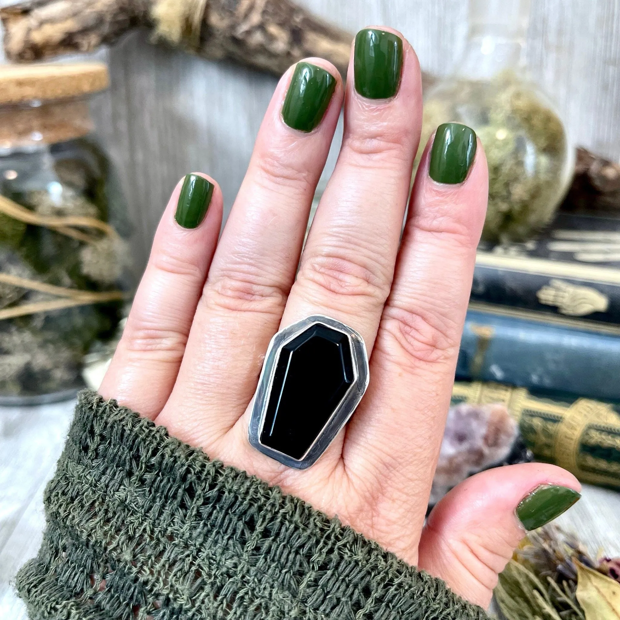 Black Onyx Coffin Ring in Solid Sterling Silver- Designed by FOXLARK Collection Size 6 7 8 9 10 / Big Crystal Ring Witchy Haloween Jewelry