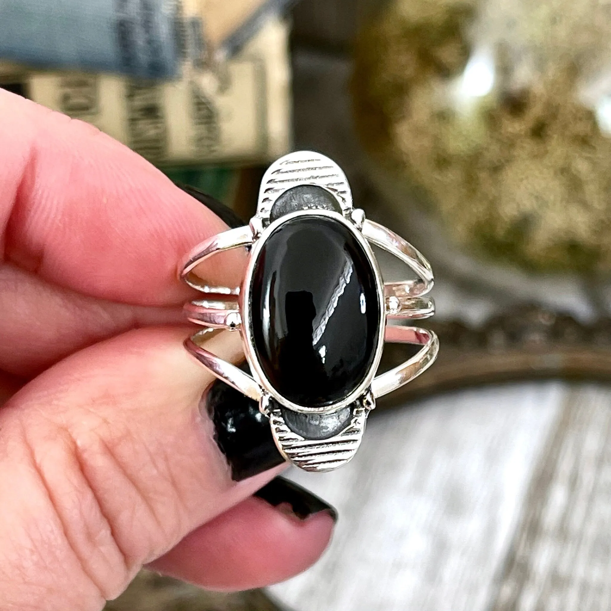 Black Onyx Double Moon Crystal Ring in Solid Sterling Silver- Designed by FOXLARK Collection Size 6 7 8 9 10 11 / Gothic Jewelry