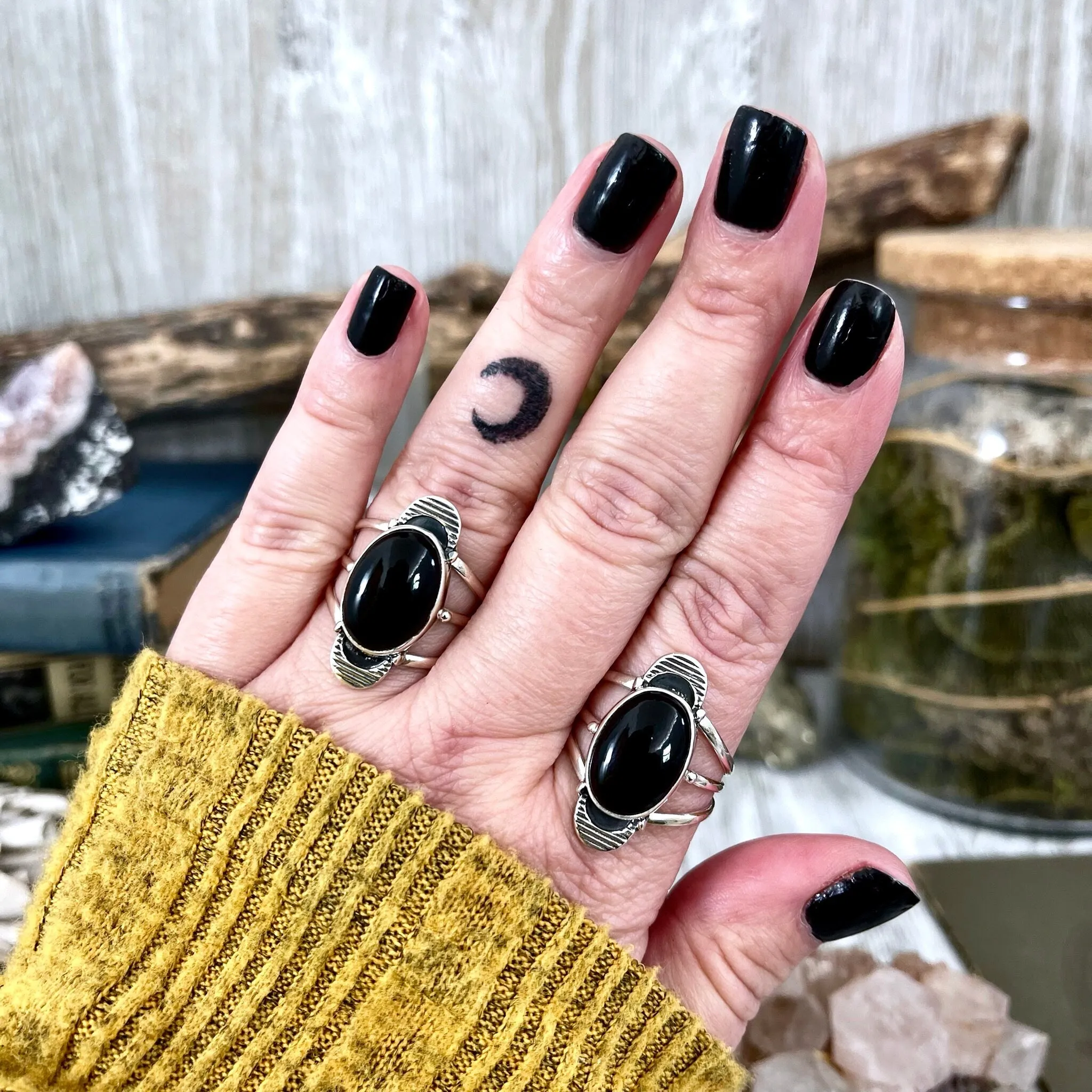 Black Onyx Double Moon Crystal Ring in Solid Sterling Silver- Designed by FOXLARK Collection Size 6 7 8 9 10 11 / Gothic Jewelry