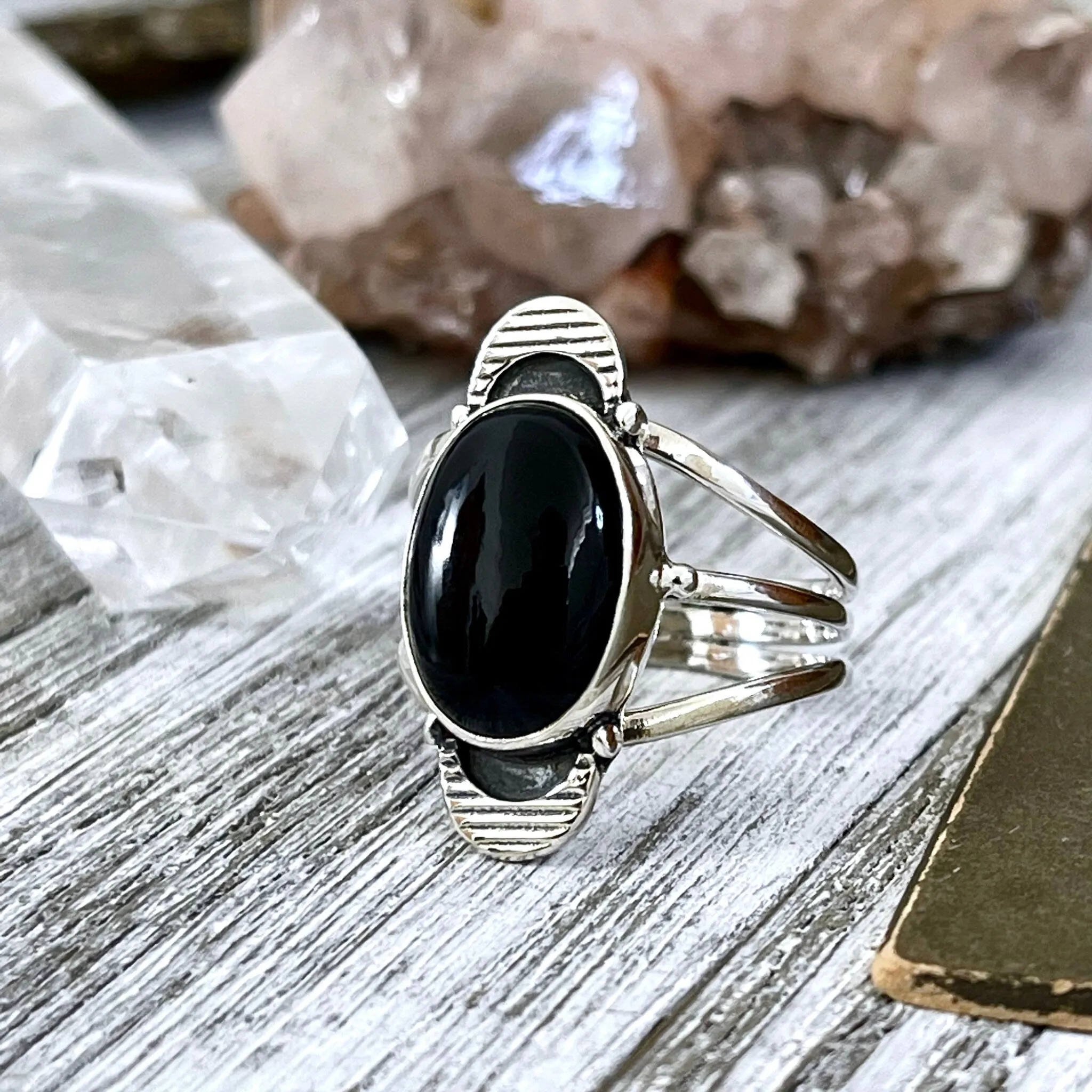 Black Onyx Double Moon Crystal Ring in Solid Sterling Silver- Designed by FOXLARK Collection Size 6 7 8 9 10 11 / Gothic Jewelry