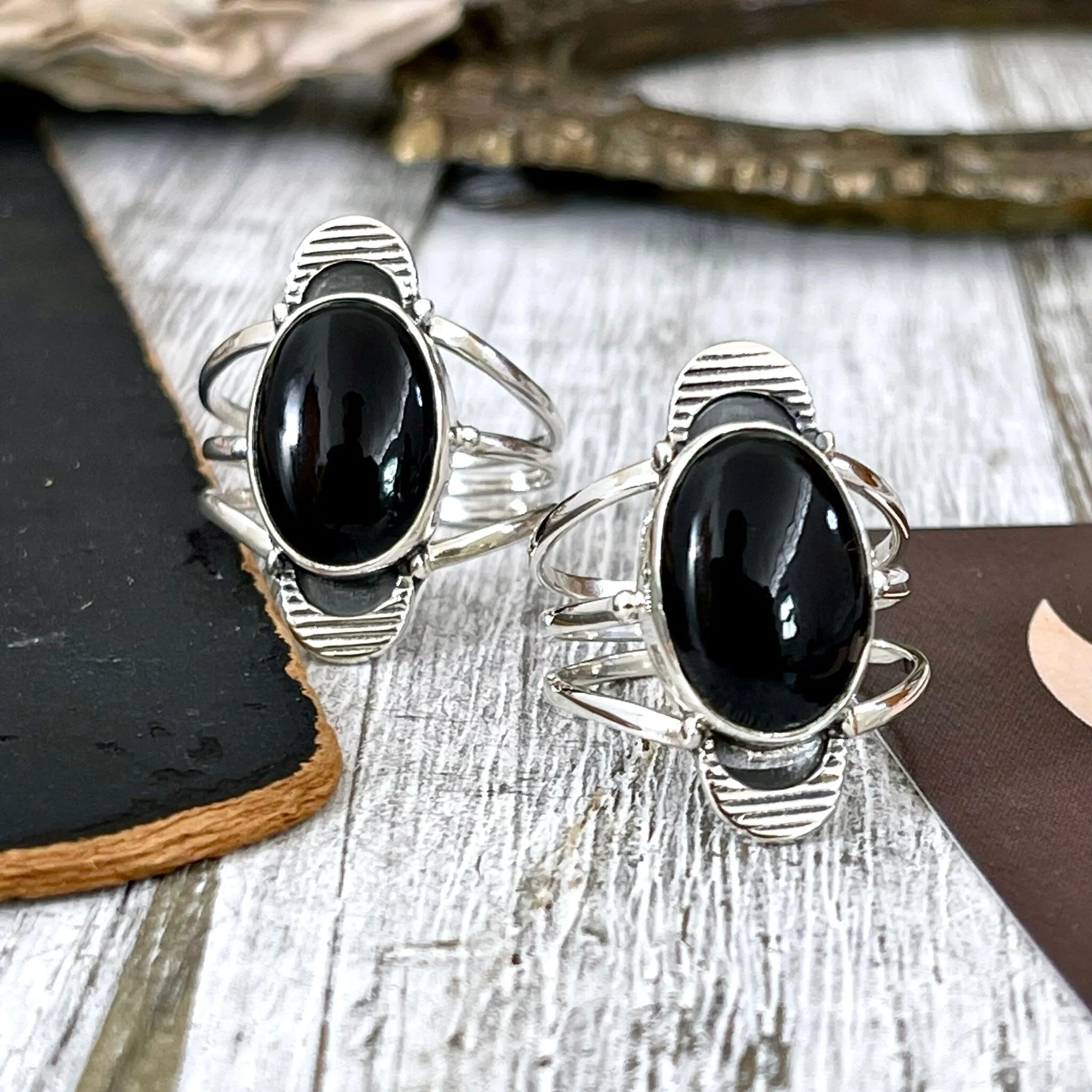 Black Onyx Double Moon Crystal Ring in Solid Sterling Silver- Designed by FOXLARK Collection Size 6 7 8 9 10 11 / Gothic Jewelry