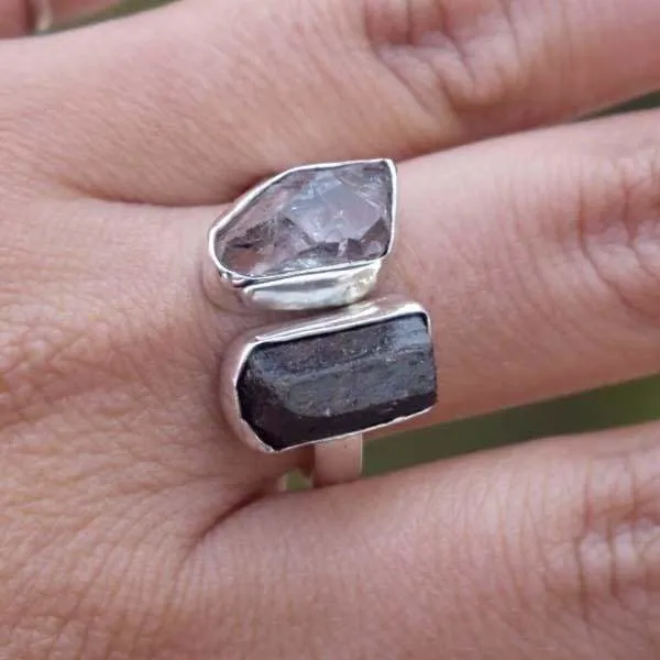 Black tourmaline raw herkimer diamond 925 sterling silver ring, handcrafted jewelry, wedding anniversary gift, for women