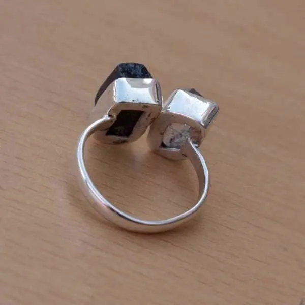 Black tourmaline raw herkimer diamond 925 sterling silver ring, handcrafted jewelry, wedding anniversary gift, for women