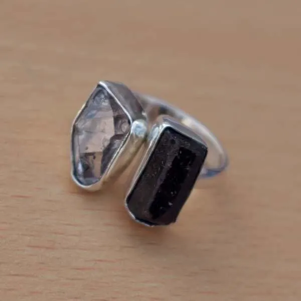 Black tourmaline raw herkimer diamond 925 sterling silver ring, handcrafted jewelry, wedding anniversary gift, for women