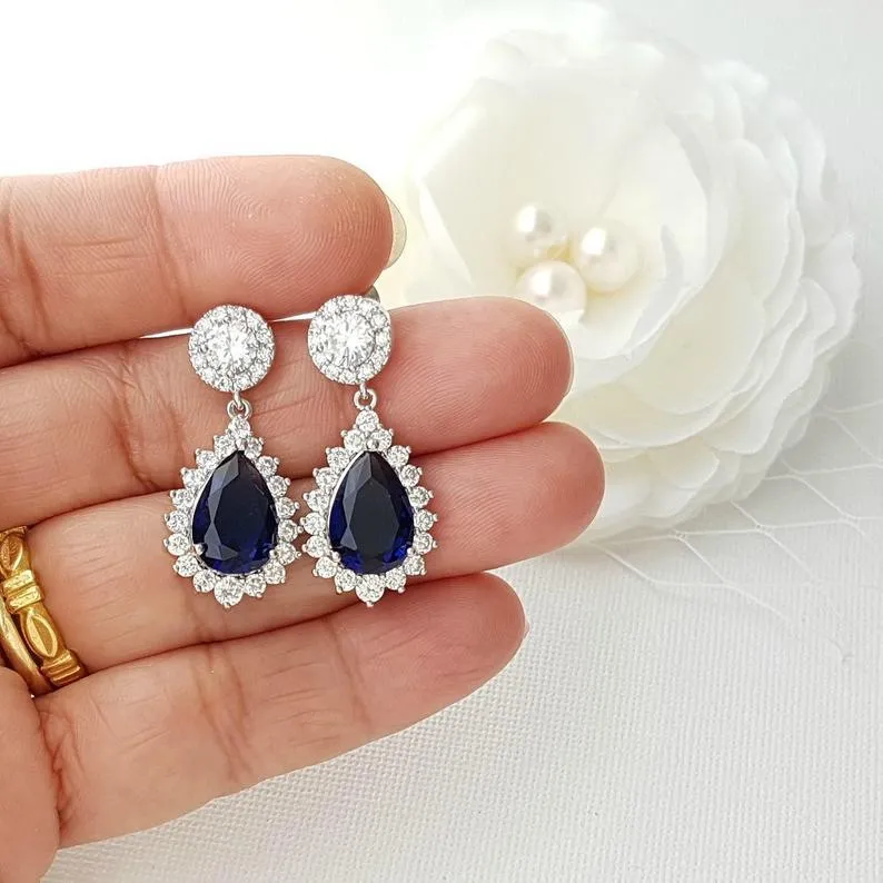 Blue and Gold Teardrop Clip On Earrings for Brides-Aoi