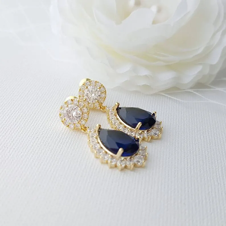 Blue and Gold Teardrop Clip On Earrings for Brides-Aoi