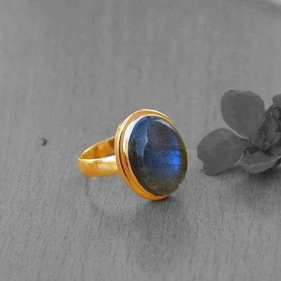 Blue Fire Labradorite gold ring, 14k yellow gold Labradorite ring