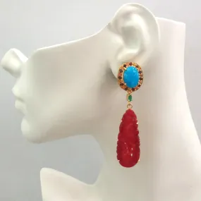 Blue Jade with Rhodolite Garnet and Citrine Stud with Green Agate and Carved Red Jade Detachable Twinset Earrings