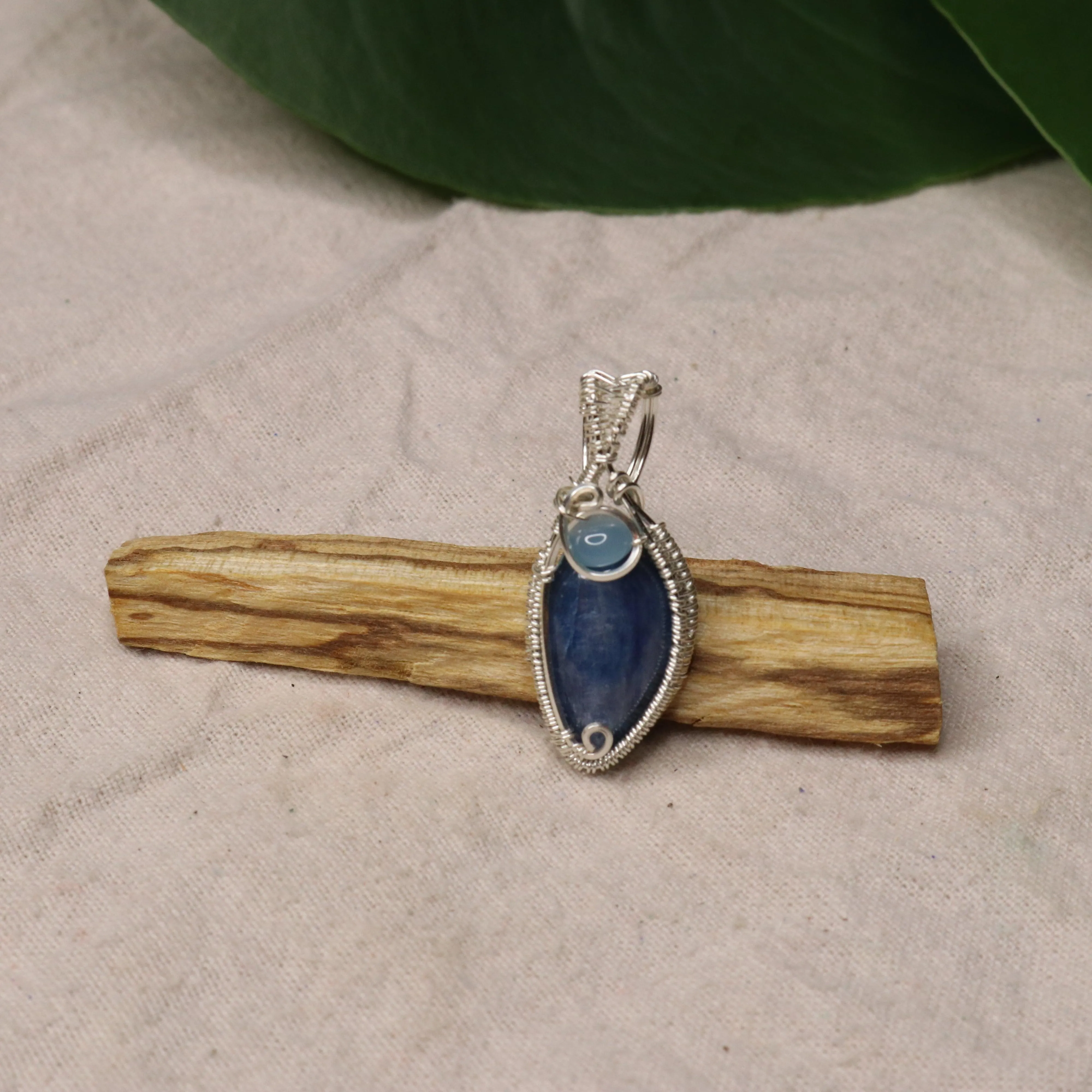 Blue Kyanite Wire Wrapped Pendant with Blue Chalcedony Accents ~ Includes Necklace Cord