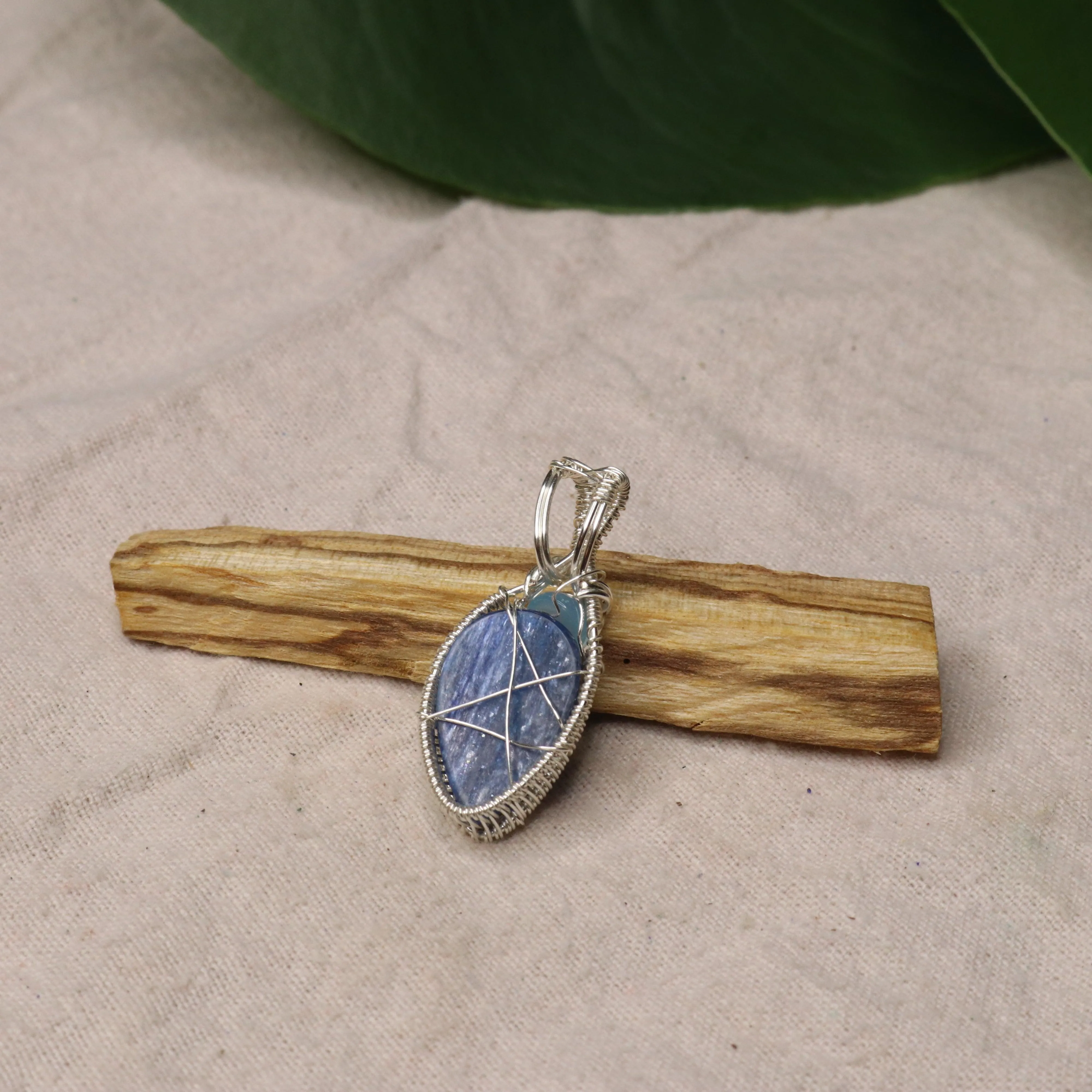 Blue Kyanite Wire Wrapped Pendant with Blue Chalcedony Accents ~ Includes Necklace Cord