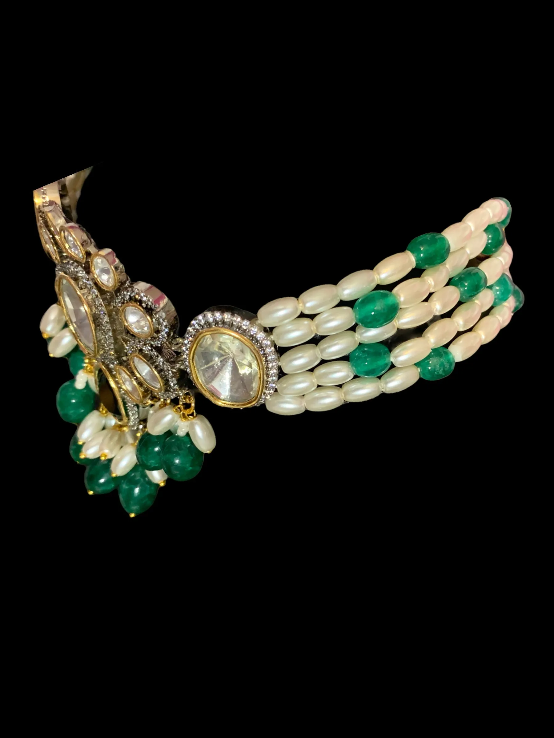 C206 Wajeeha polki choker with pearls and green  blue beads ( READY TO SHIP)