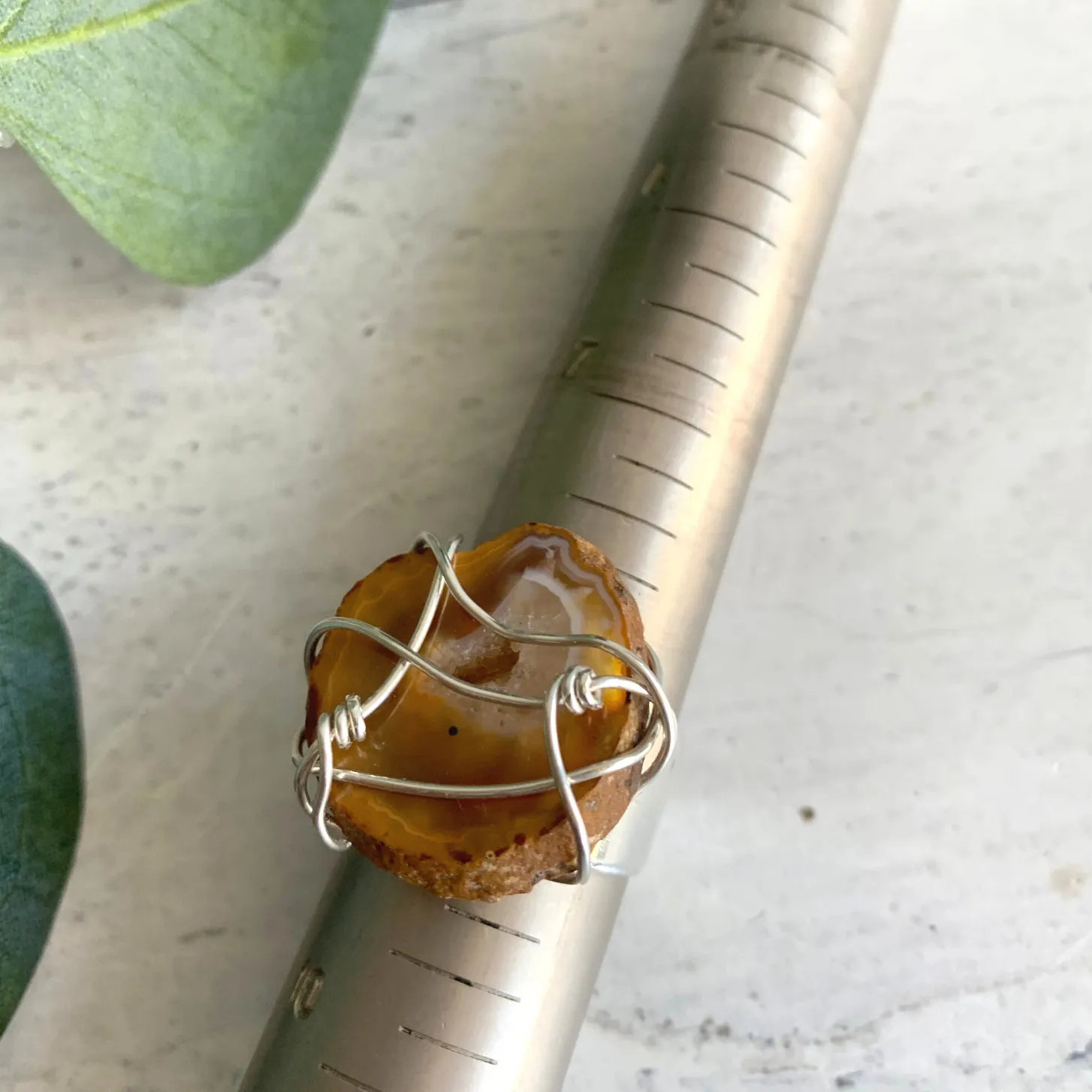 Caramel Agate Wire Wrapped Adjustable Ring Silver