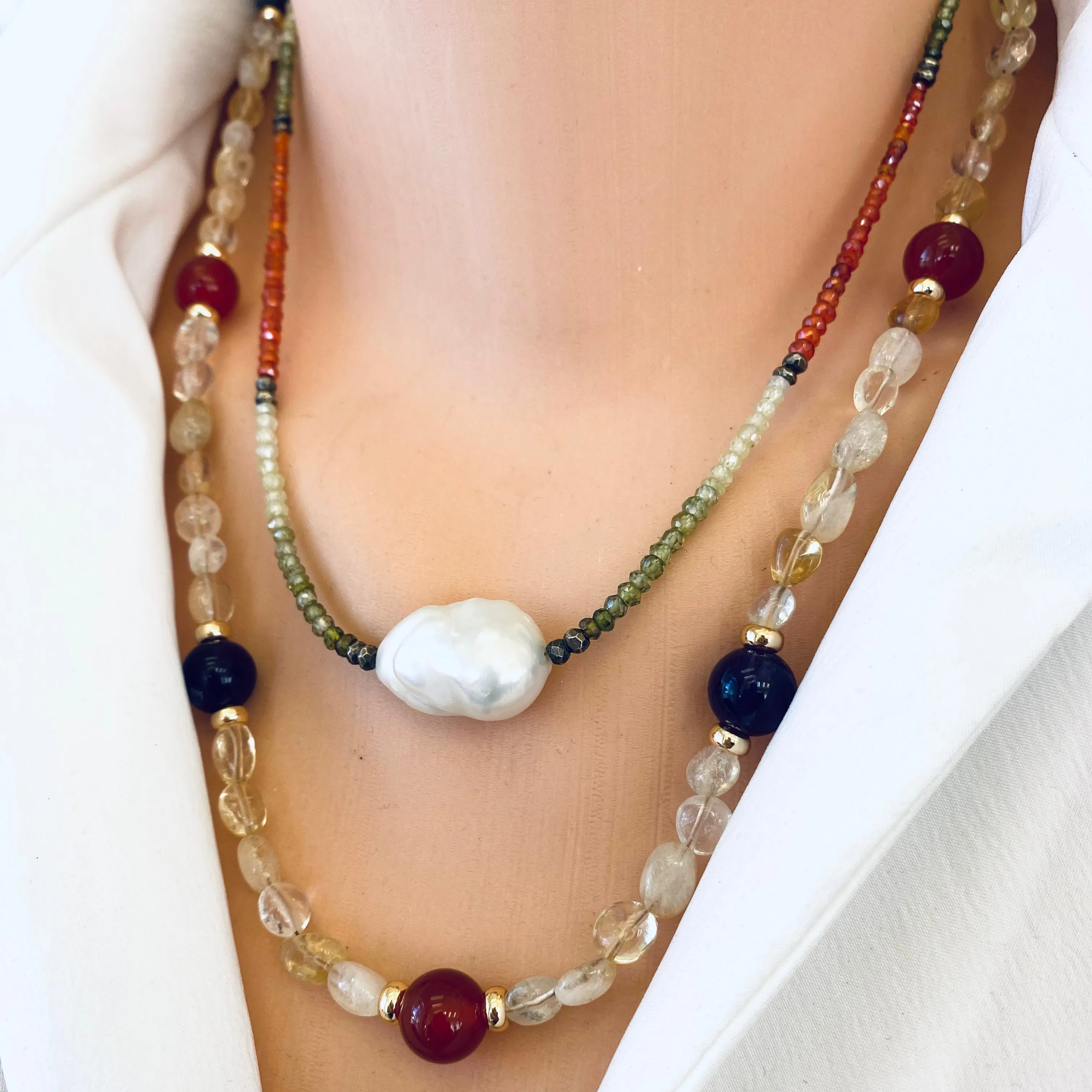 Citrine Bead Bonbons Necklace w Amethyst & Carnelian Accent Beads, Gold Plated, 21inches, November Birthstone