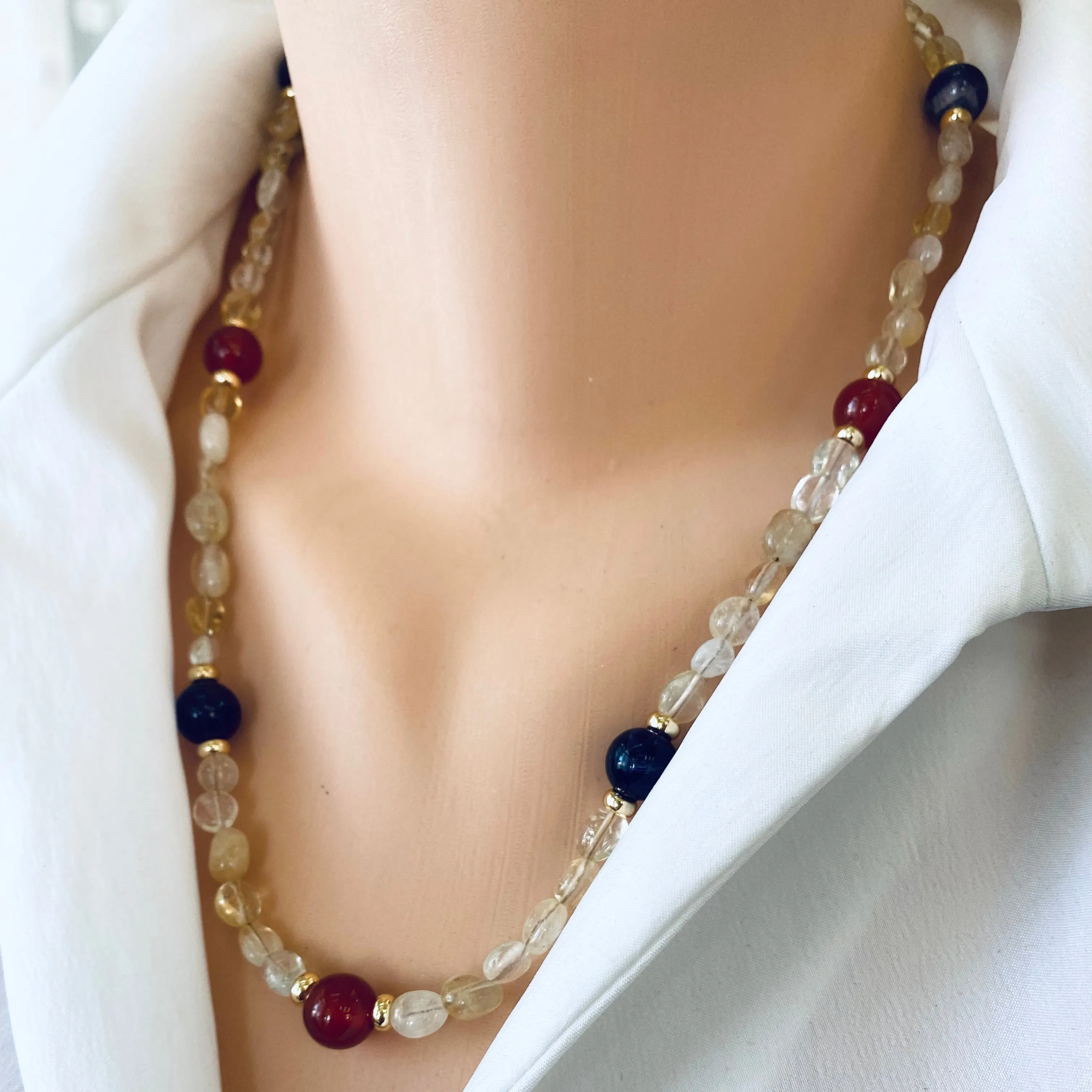 Citrine Bead Bonbons Necklace w Amethyst & Carnelian Accent Beads, Gold Plated, 21inches, November Birthstone