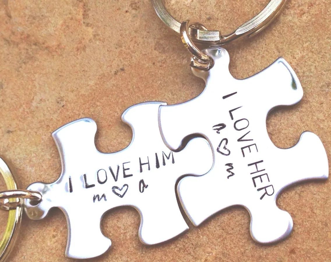 Couples Keychains, Bride And Groom Keychains, Personalized Puzzle Keychains