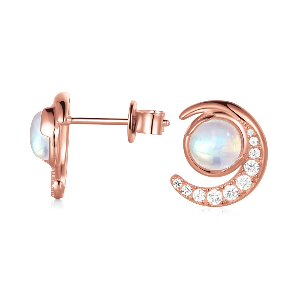 Crescent Moonstone Stud Earrings With White Sapphire