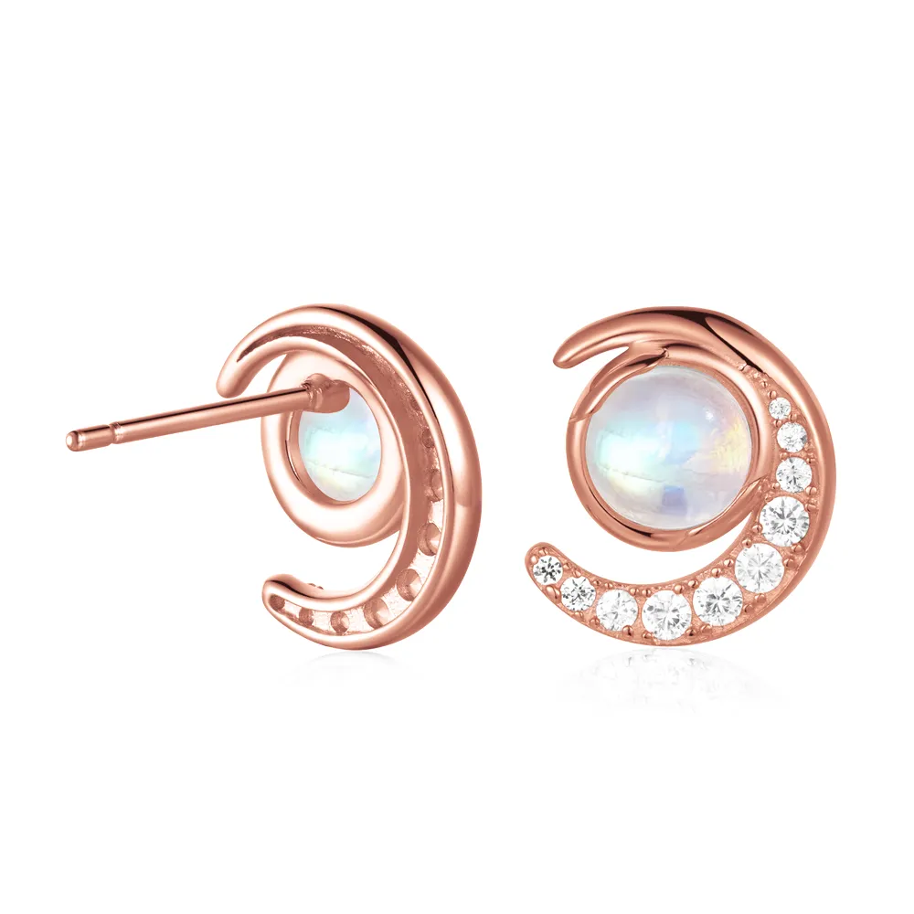 Crescent Moonstone Stud Earrings With White Sapphire