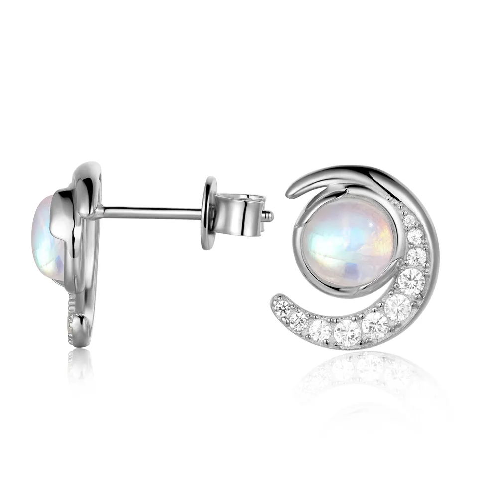 Crescent Moonstone Stud Earrings With White Sapphire