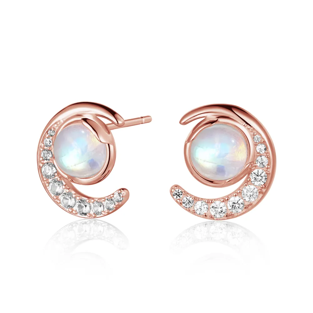 Crescent Moonstone Stud Earrings With White Sapphire