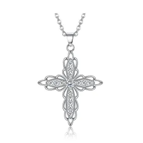 Cubic Zirconia Flower-Shaped Cross 925 Sterling Silver Fashion Pendant Necklace