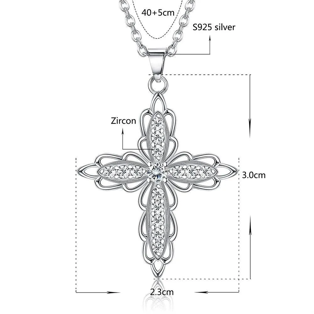 Cubic Zirconia Flower-Shaped Cross 925 Sterling Silver Fashion Pendant Necklace