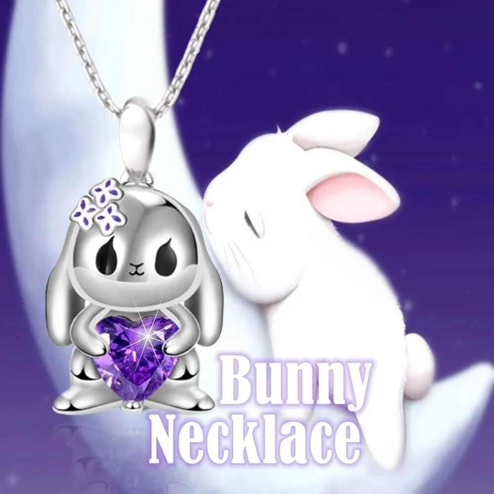 Cute Heart-shaped Purple Crystal Bunny Pendant Necklace