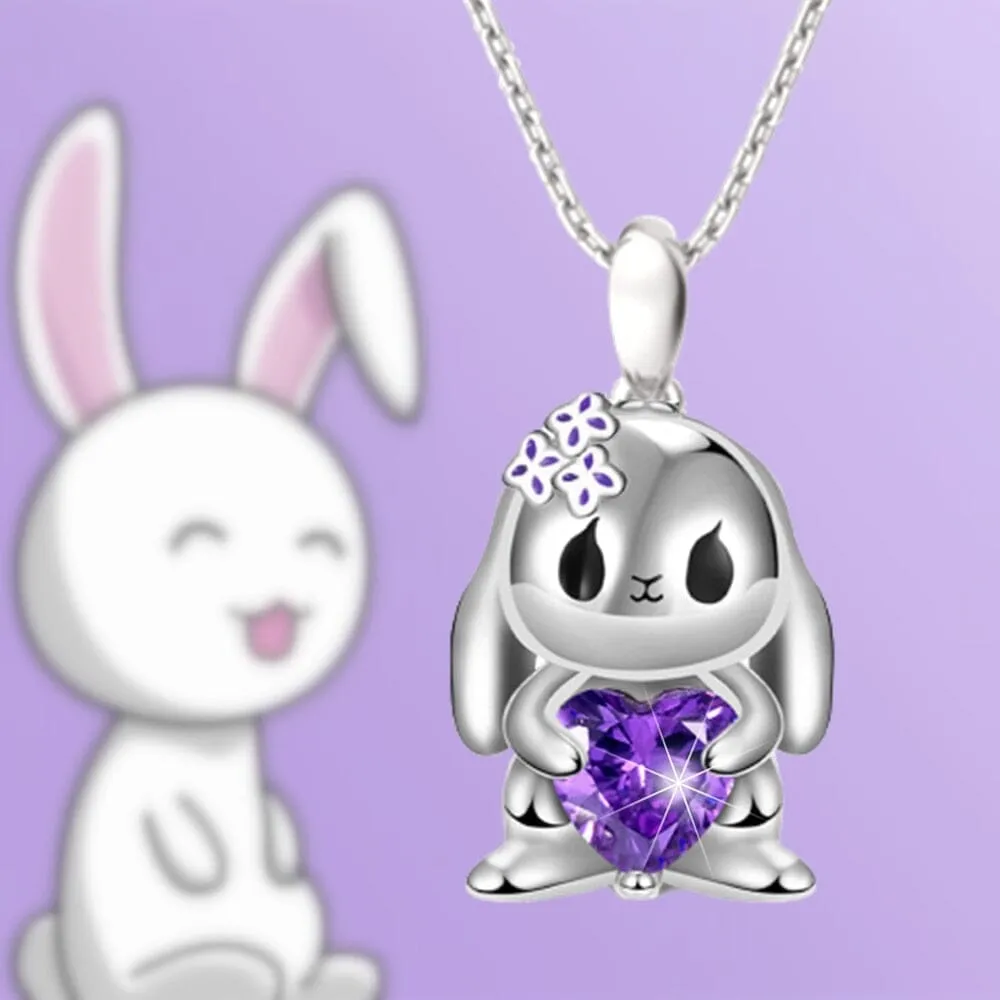 Cute Heart-shaped Purple Crystal Bunny Pendant Necklace