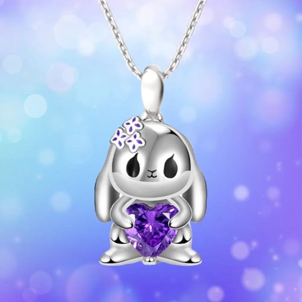 Cute Heart-shaped Purple Crystal Bunny Pendant Necklace