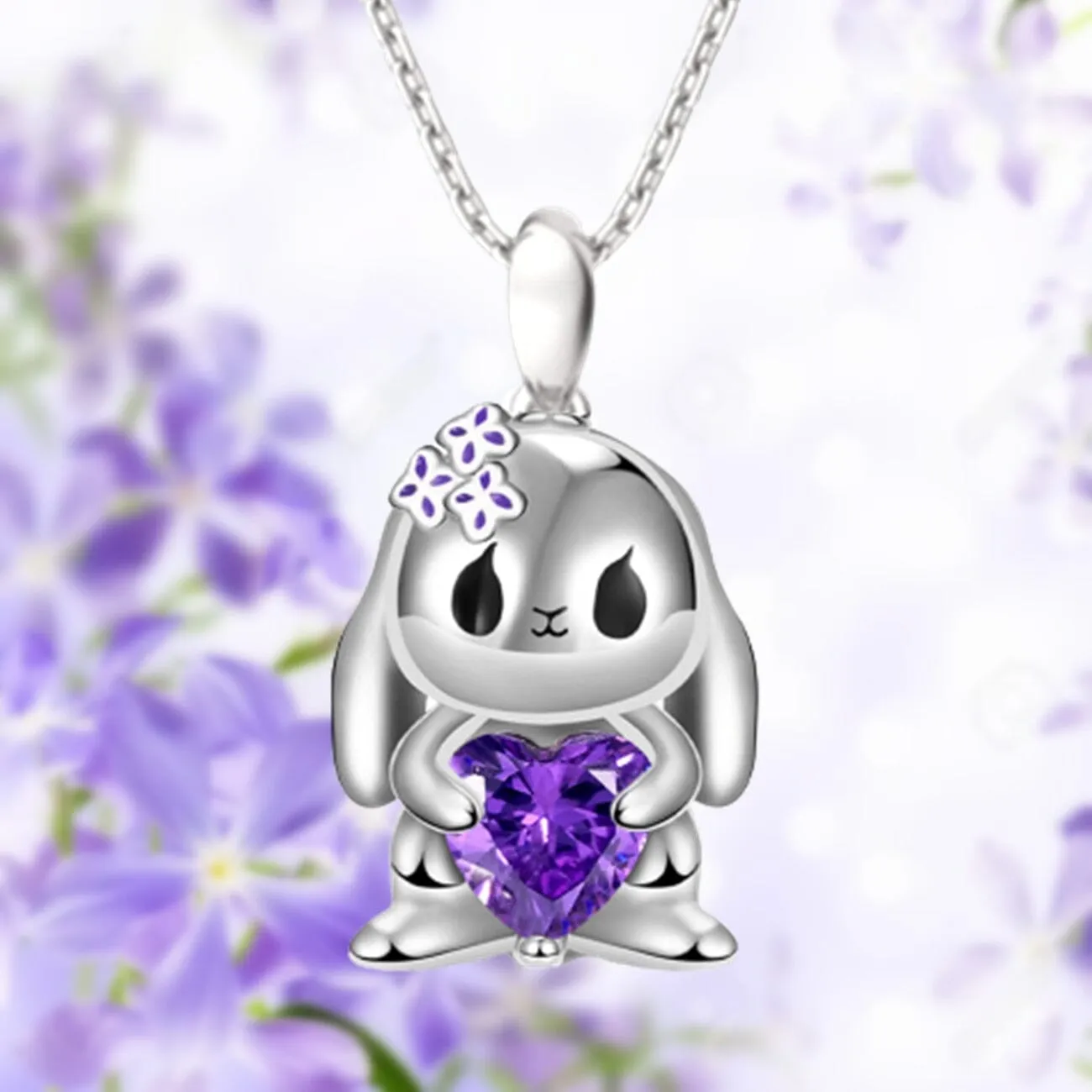 Cute Heart-shaped Purple Crystal Bunny Pendant Necklace