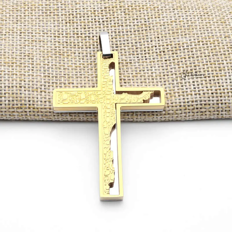 Double Layer Cross Pendant with Pattern - Gold