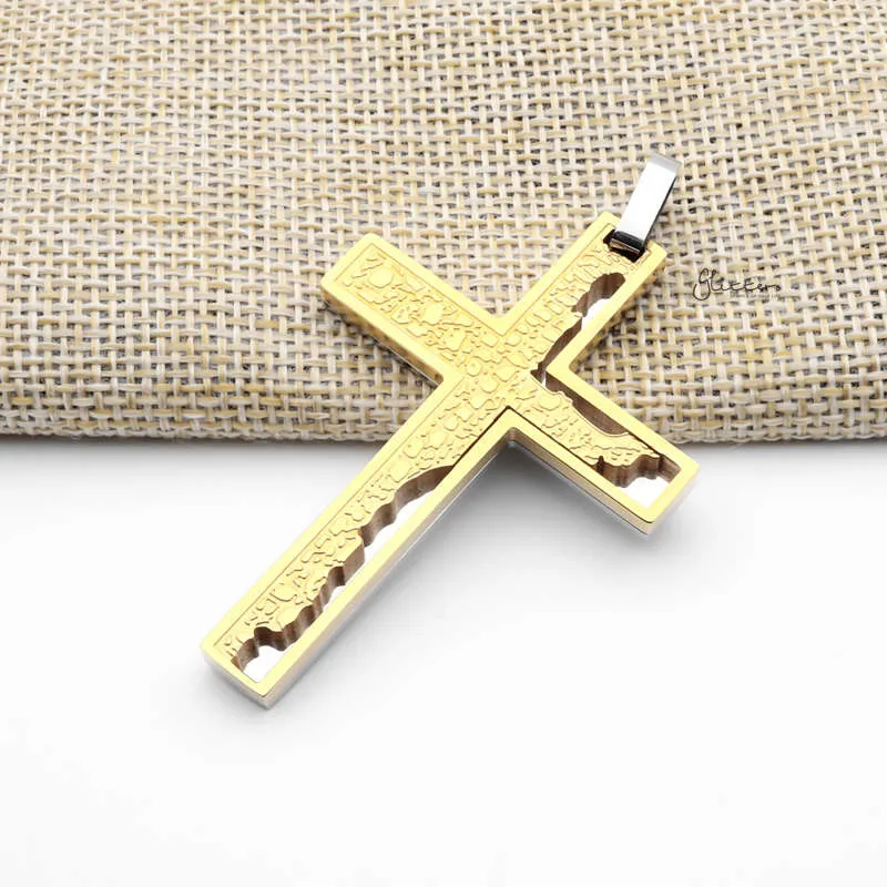 Double Layer Cross Pendant with Pattern - Gold