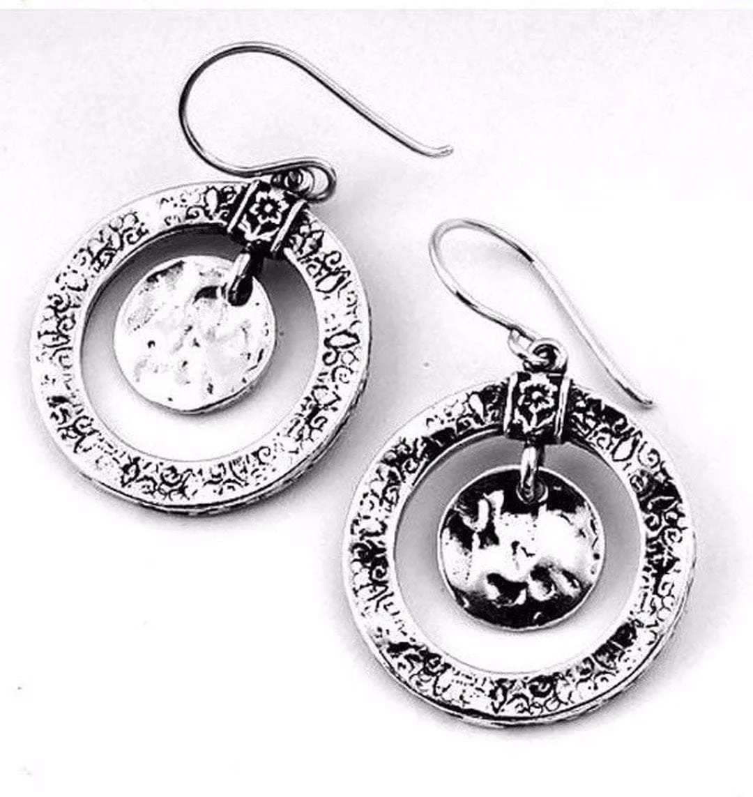 Earrings Sterling Silver 925 Texture Circles Pending Floral Pendant ribbon