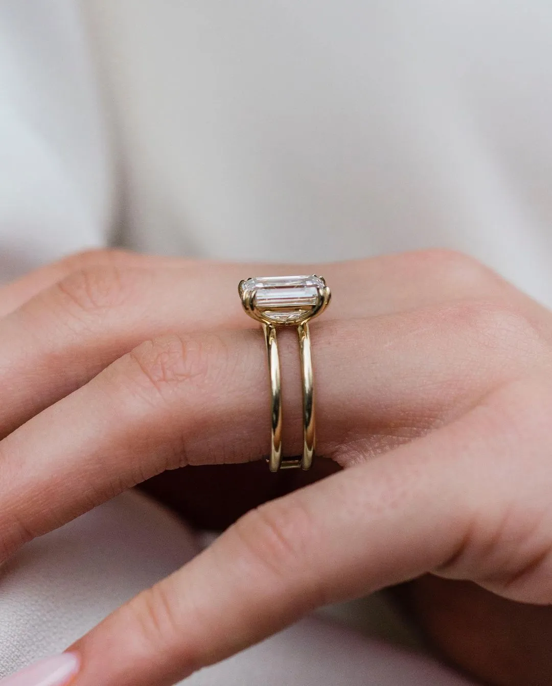 Emerald cut moissanite engagement ring,Unique Double Band Solitaire Ring