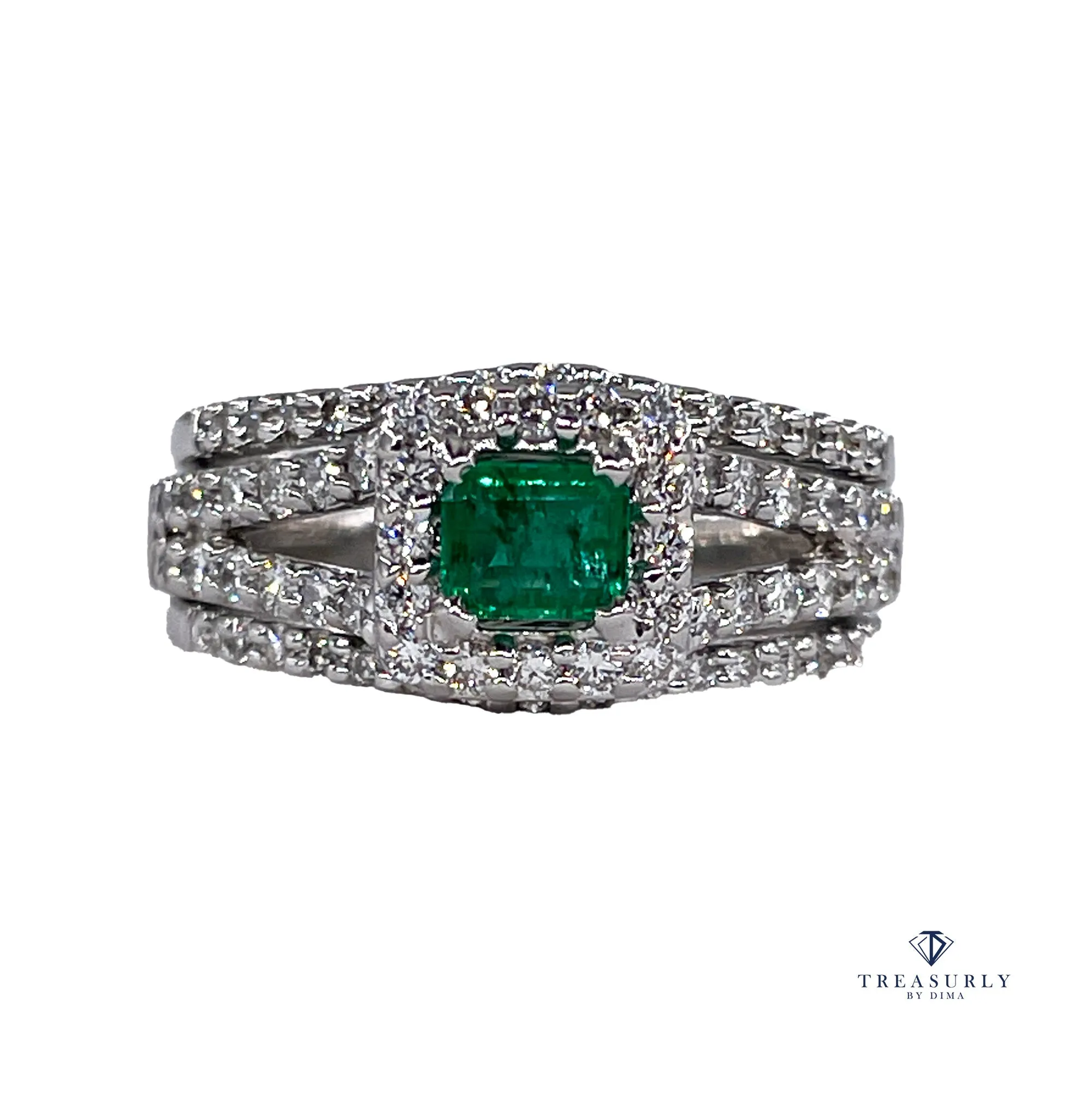 Estate 1.70ct Natural Green Emerald and Diamond Engagement Anniversary Triple Band Gold Ring by Heizberg