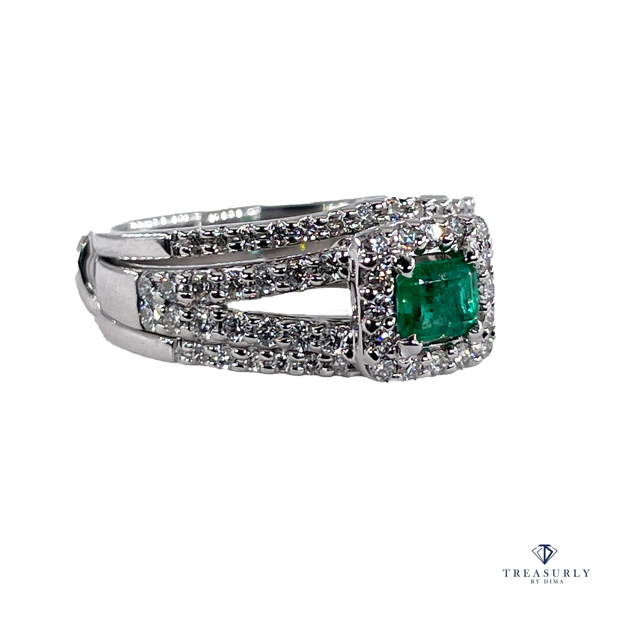 Estate 1.70ct Natural Green Emerald and Diamond Engagement Anniversary Triple Band Gold Ring by Heizberg