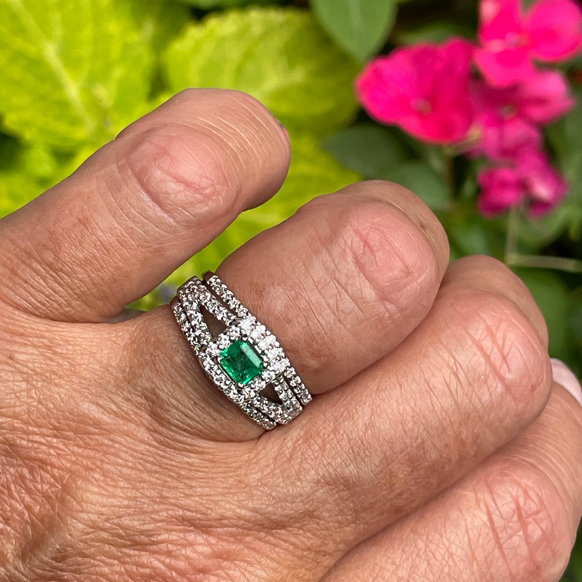 Estate 1.70ct Natural Green Emerald and Diamond Engagement Anniversary Triple Band Gold Ring by Heizberg