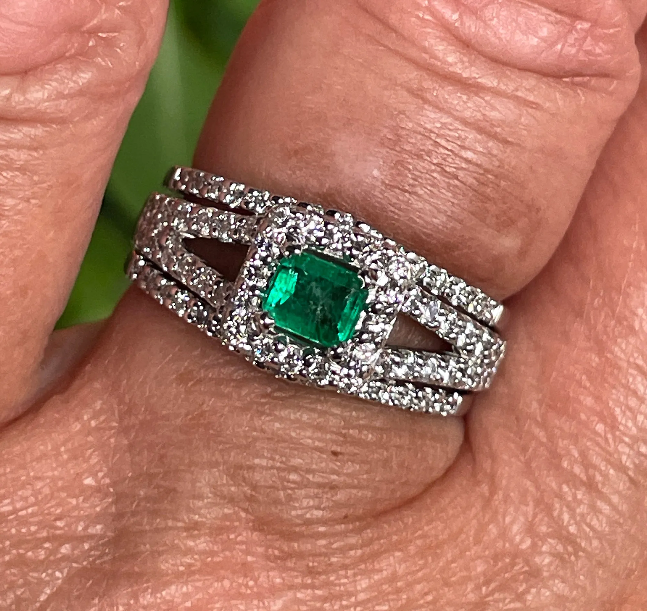 Estate 1.70ct Natural Green Emerald and Diamond Engagement Anniversary Triple Band Gold Ring by Heizberg