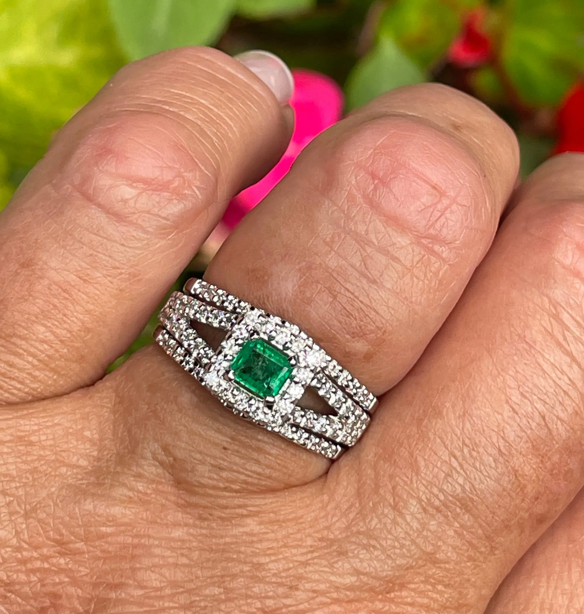 Estate 1.70ct Natural Green Emerald and Diamond Engagement Anniversary Triple Band Gold Ring by Heizberg