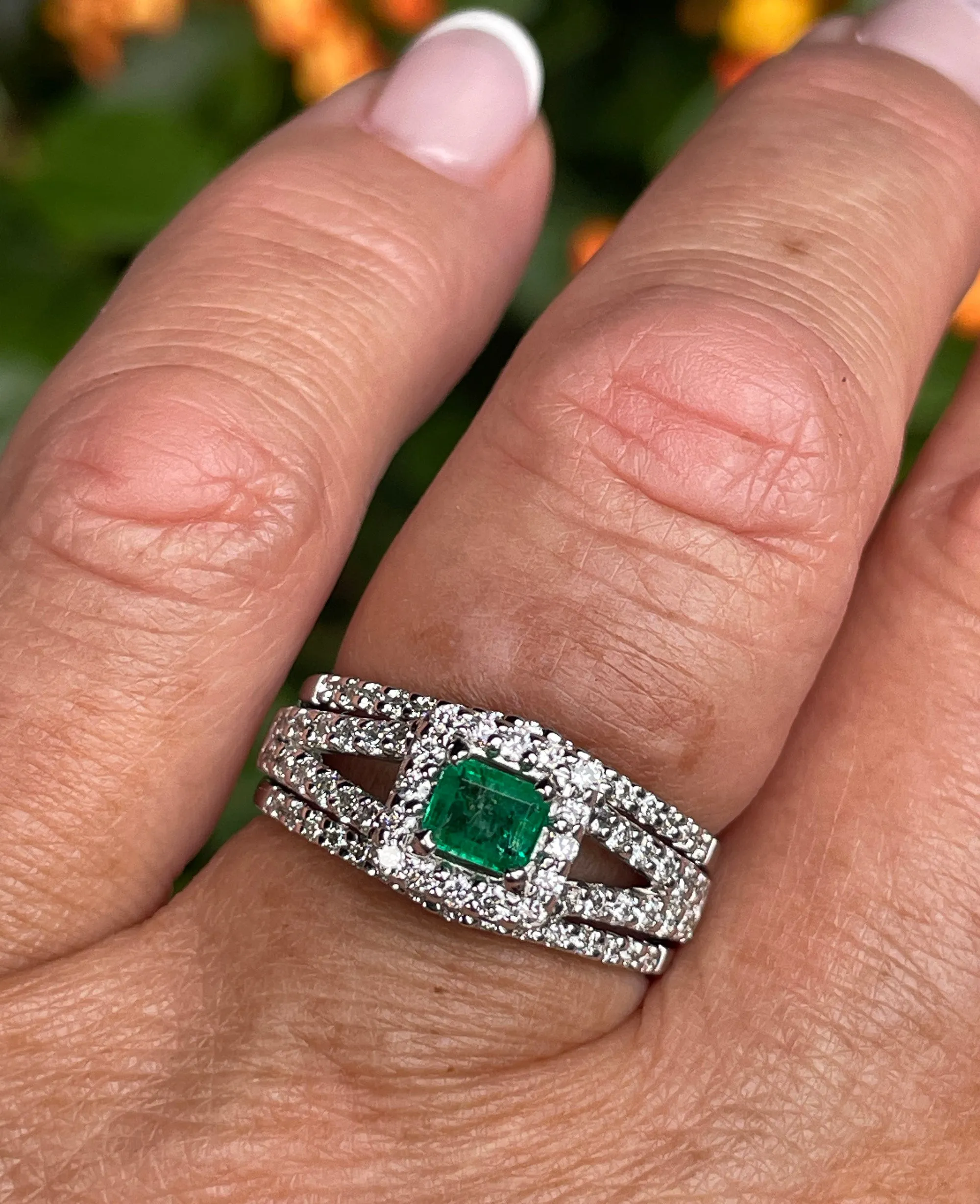 Estate 1.70ct Natural Green Emerald and Diamond Engagement Anniversary Triple Band Gold Ring by Heizberg