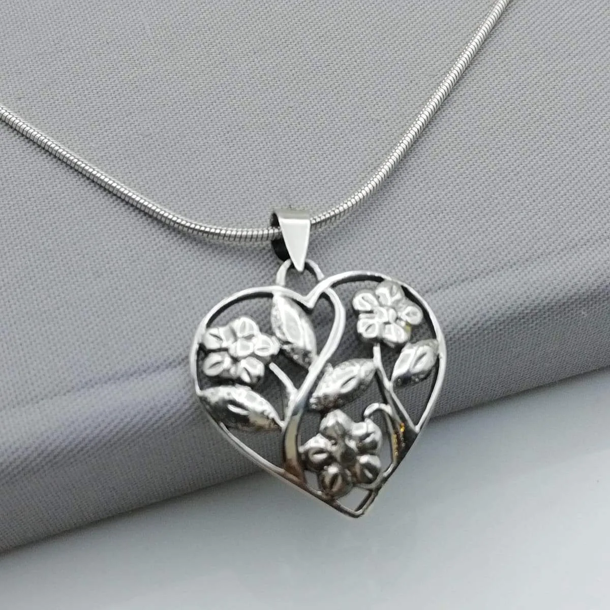 Flower In Heart Charm - Silver Pendant - 925 Silver Pendant - Pretty Silver Charm