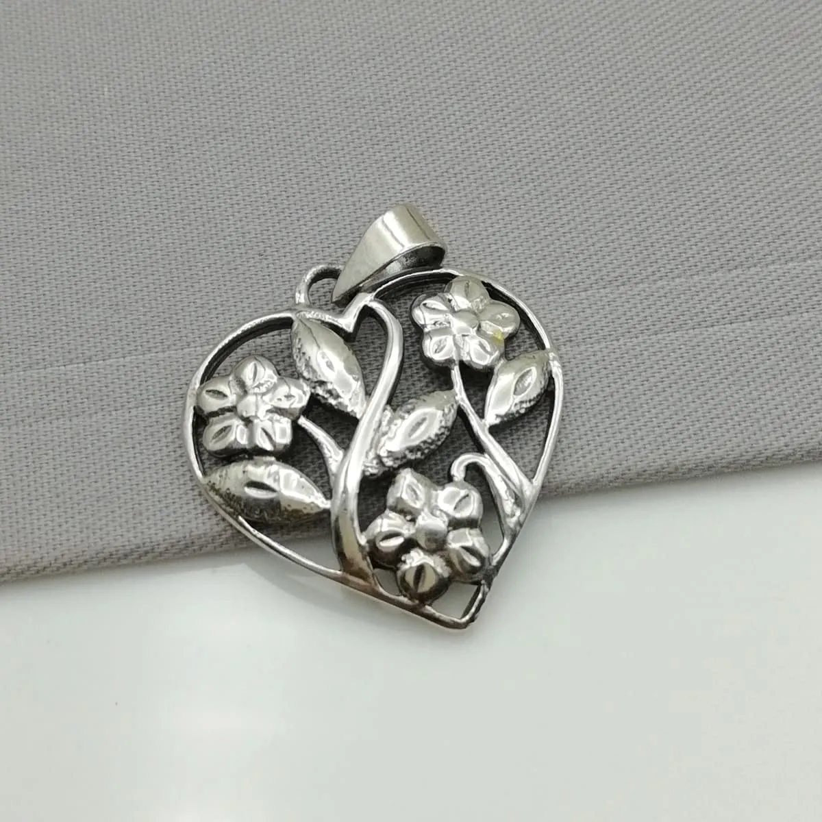 Flower In Heart Charm - Silver Pendant - 925 Silver Pendant - Pretty Silver Charm