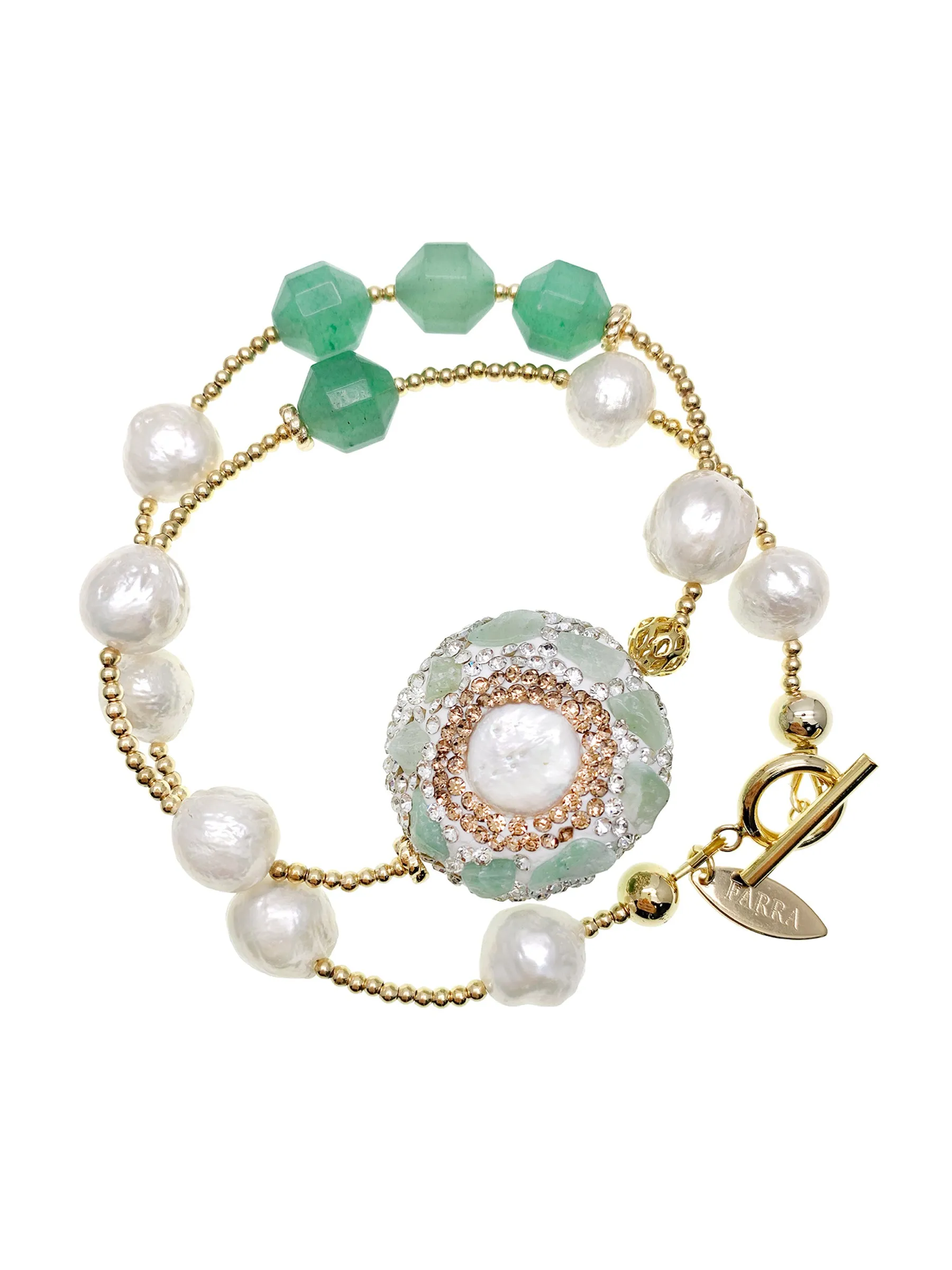 Freshwater Pearls With Aventurine Rhinestone Double Wrapped Bracelet HB002