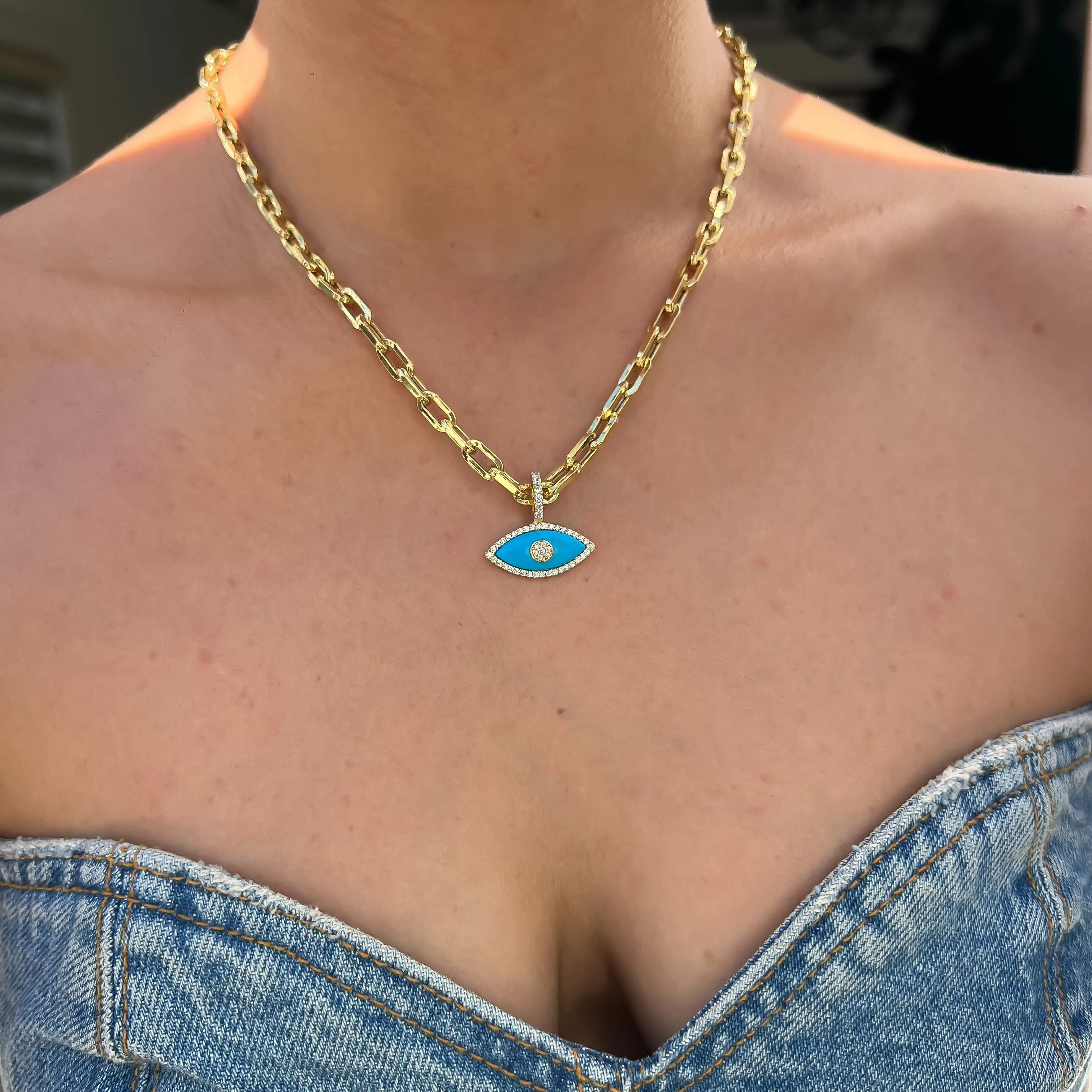 “Gemma” turquoise paperclip chain eye necklace