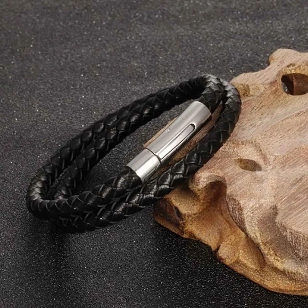 Genuine Leather And Stainless Steel Bracelet