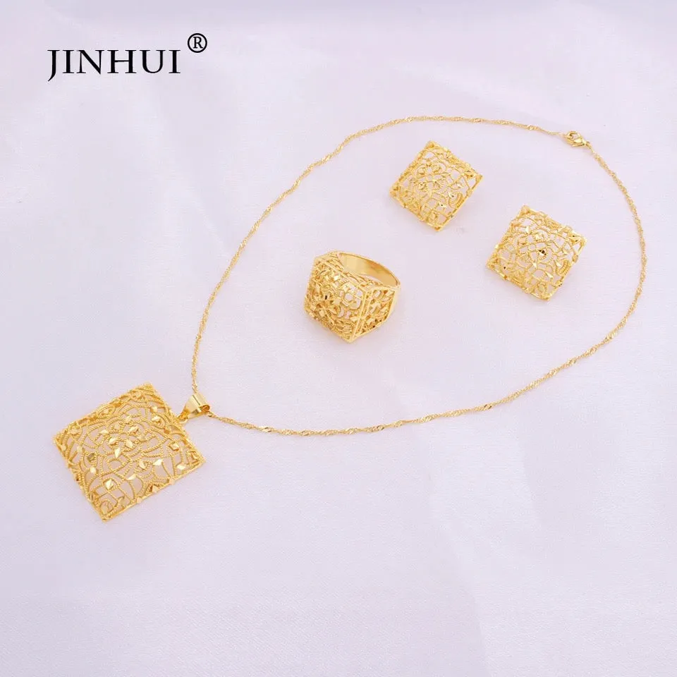 Gold color Jewelry sets Ethiopia women African Party wedding gifts Necklace Earrings ring S3972242