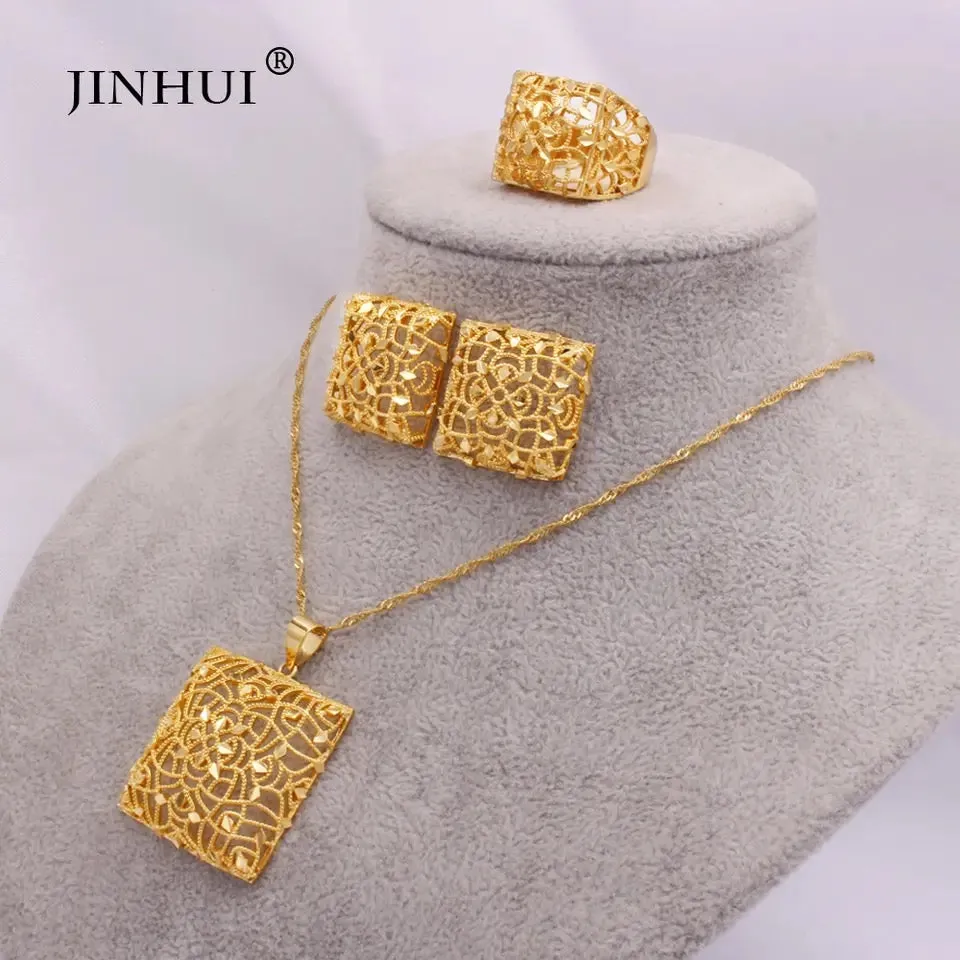 Gold color Jewelry sets Ethiopia women African Party wedding gifts Necklace Earrings ring S3972242