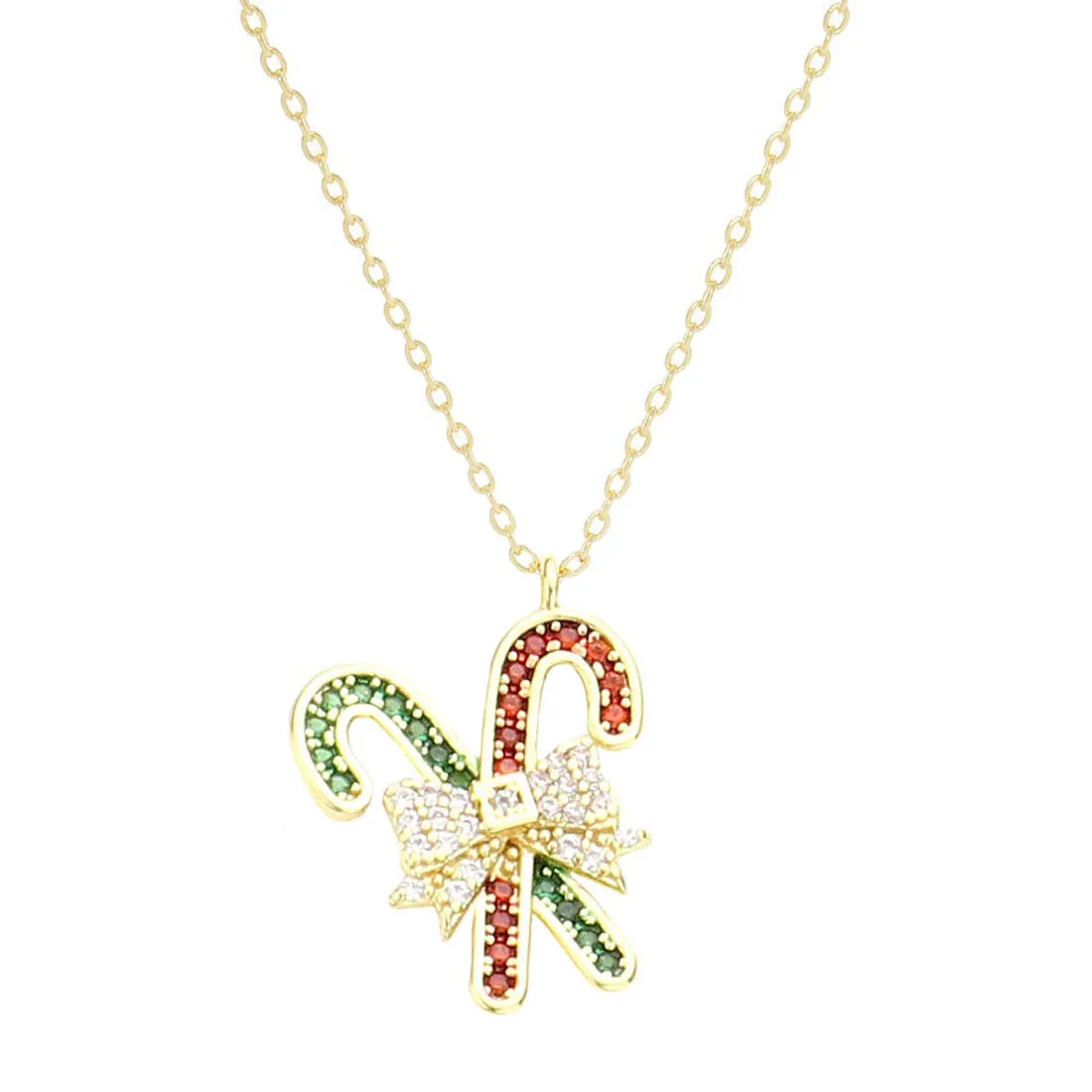 Gold Dipped CZ Bow Candy Cane Pendant Necklace