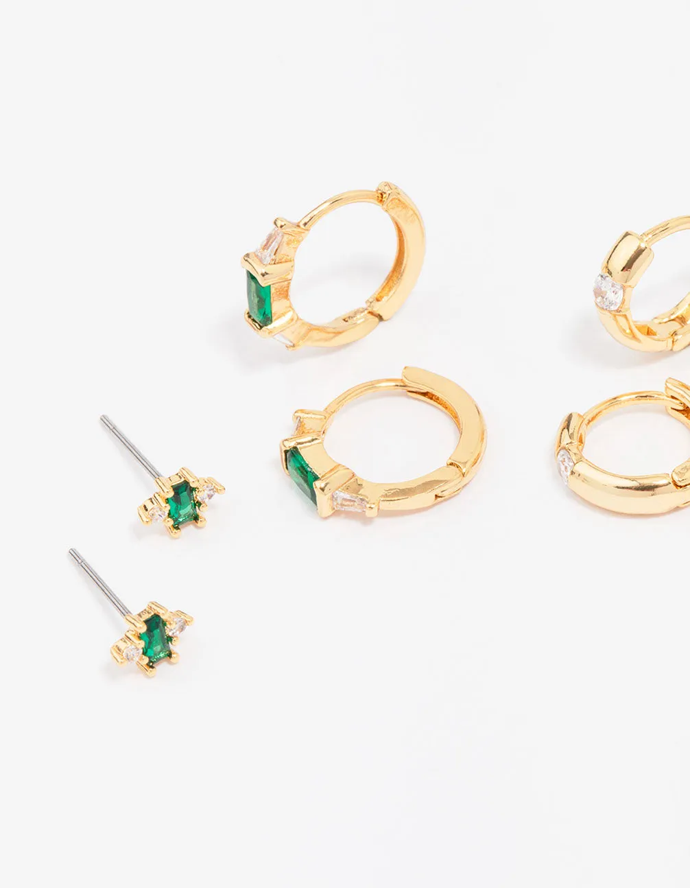 Gold Plated Emerald Boho Baguette Earring 3-Pack