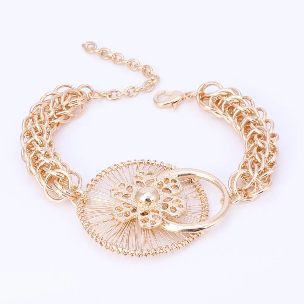 Gold-Plated Flower Necklace, Bracelet, Earrings & Ring Wedding Statement Jewelry Set